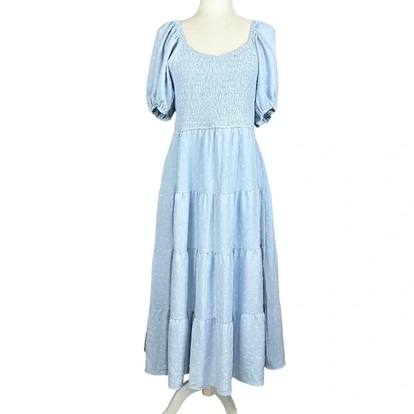 NEW PRETTY GARDEN L Maxi Dress Smocked Swiss Dot High Waist V Neck Tiered Blue - Picture 2 of 15